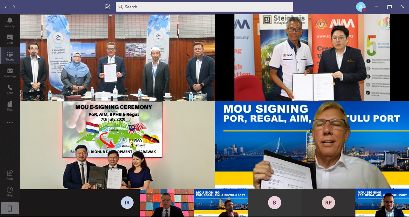 MoU e-Signing Ceremony between Agensi Inovasi Malaysia (AIM), (Clockwise from top right)  Port of Rotterdam (PoR), and Regal Lands Sdn Bhd (RLSB) and Bintulu Port Holdings Berhad (BPHB) with regards to Biohub Port and Industrial Estate Development in Sarawak, Malaysia. 